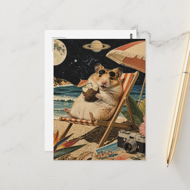 Hamster on Vacation Collage Postcard (Front/Back In Situ)