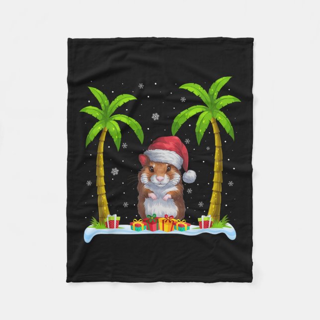 Hamster Santa Hat Palm Tree Beach Xmas Pajama  Fleece Blanket (Front)
