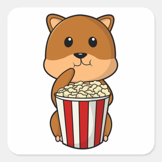 Hamster with Cone of Popcorn Square Sticker (Front)