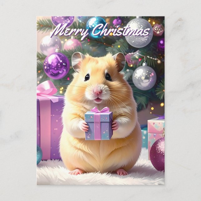 Hamster with Gift Christmas Holiday Postcard (Front)