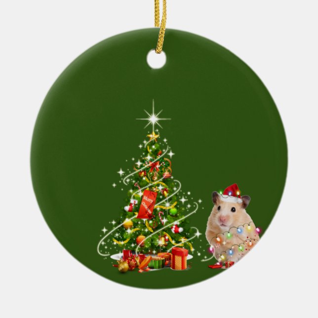 Hamster With Hat LIGHTS Christmas Ceramic Ornament (Front)