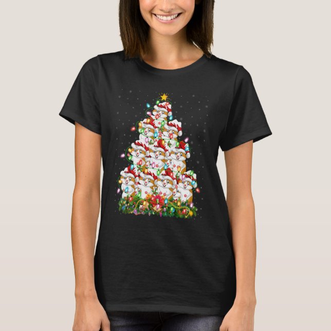 Hamster   Xmas Lights Santa Hamster Christmas Tree T-Shirt (Front)