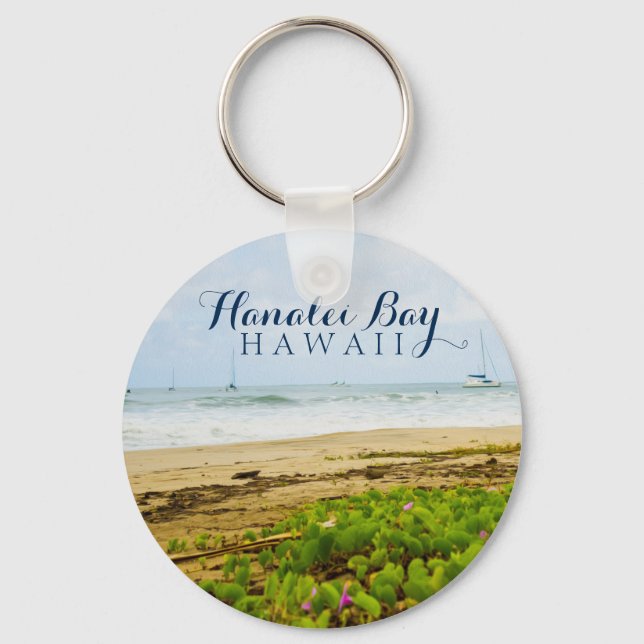 Hanalei Bay Kauai Hawaii Beach & Boats Key Ring (Front)