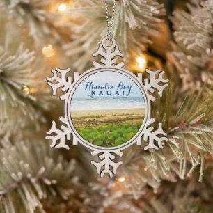 Hanalei Bay Kauai Hawaii Beach + Boats Snowflake Pewter Christmas Ornament