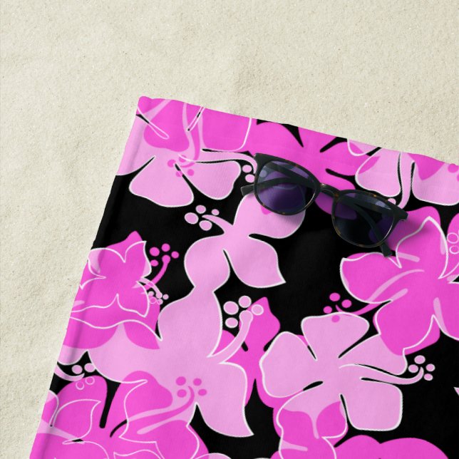 Hanalei Hawaiian Hibiscus Camo Floral - Pink Beach Towel (In Situ)