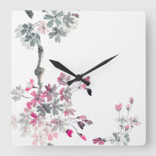 Hanami Blooming sakura branch Square Wall Clock