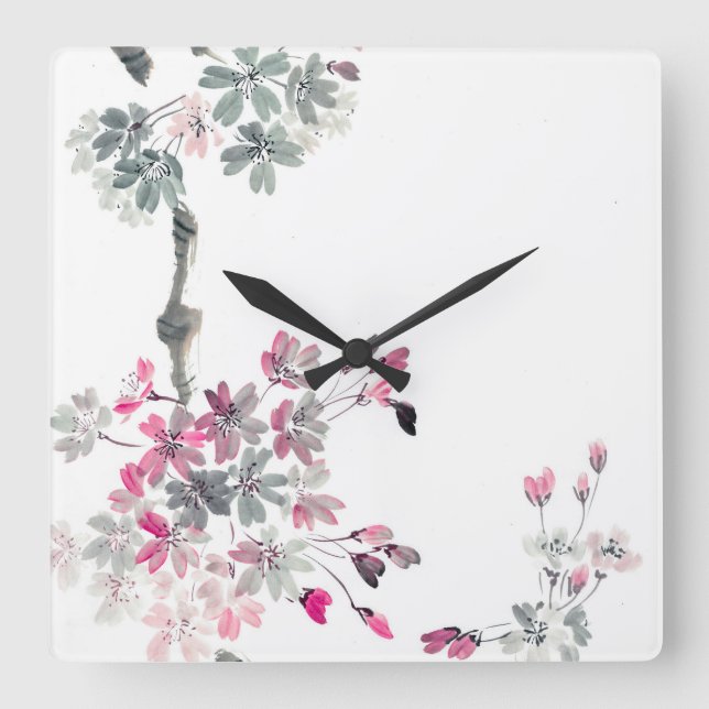 Hanami | Blooming sakura branch Square Wall Clock (Front)