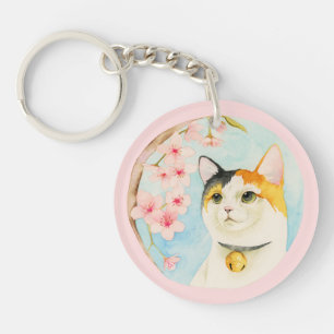 Hanami   Calico Cat and Cherry Blossom Watercolor Key Ring