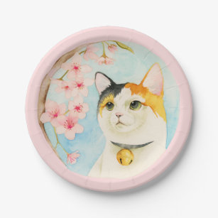 Hanami   Calico Cat and Cherry Blossom Watercolor Paper Plate
