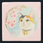 Hanami | Calico Cat and Cherry Blossom Watercolor Stone Coaster<br><div class="desc">This is a watercolor illustration of a calico cat looking up at and enjoying the cherry blossom. “Hanami” is a Japanese tradition where people celebrate and party under the cherry blossom trees when they are in full bloom. Painted with Holbein and Winsor and Newton watercolor paints on Arches hot pressed...</div>