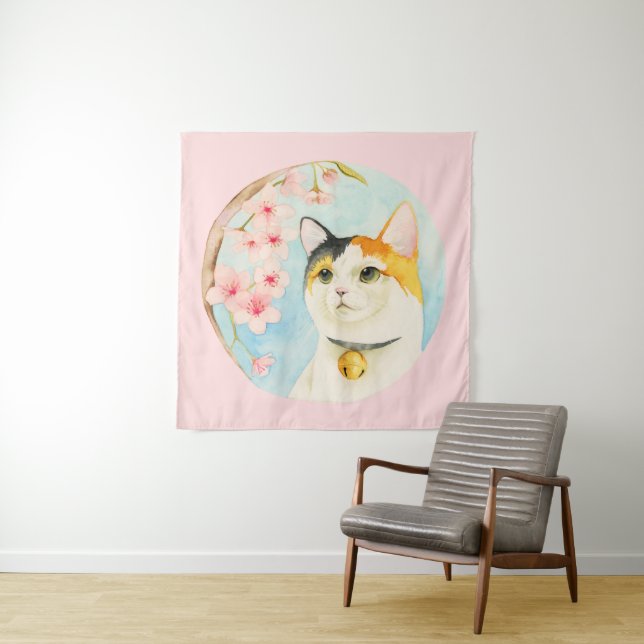 Hanami | Calico Cat and Cherry Blossom Watercolor Tapestry (In Situ)