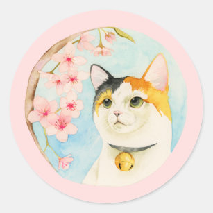 Hanami   Cute Calico Cat and Flowers Watercolor Classic Round Sticker