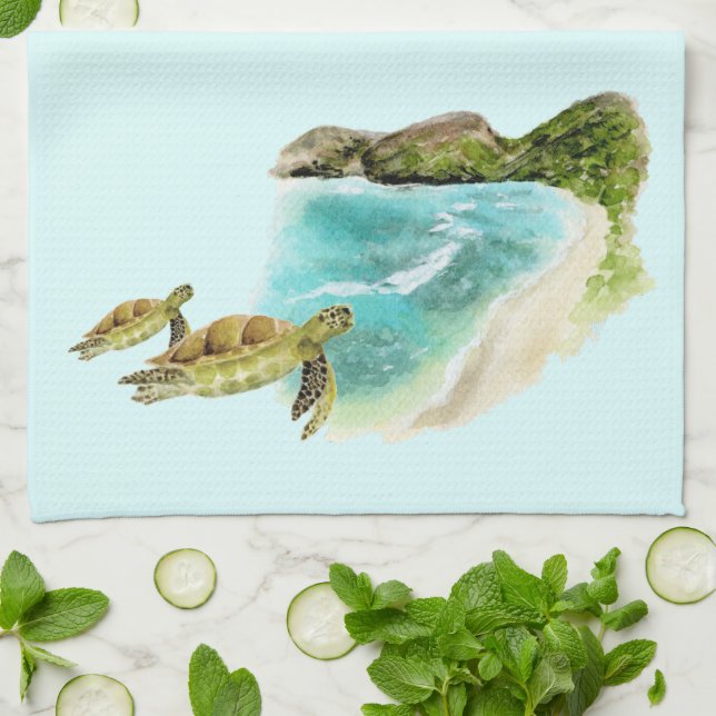 Hanauma Bay green sea turtle hawaii Tea Towel (Folded)