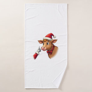 Hand Boop Christmas Highland Cow Santa Clause Farm Bath Towel