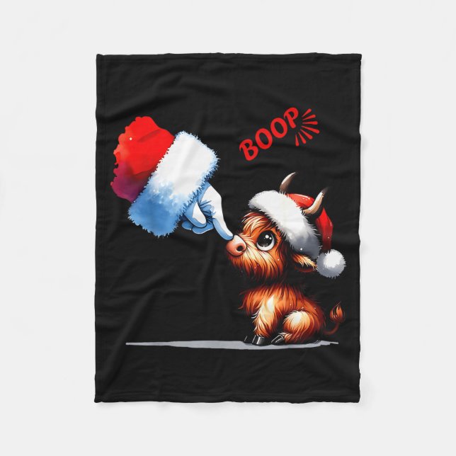 Hand Boop Christmas Highland Cow Santa Farmer Anim Fleece Blanket (Front)
