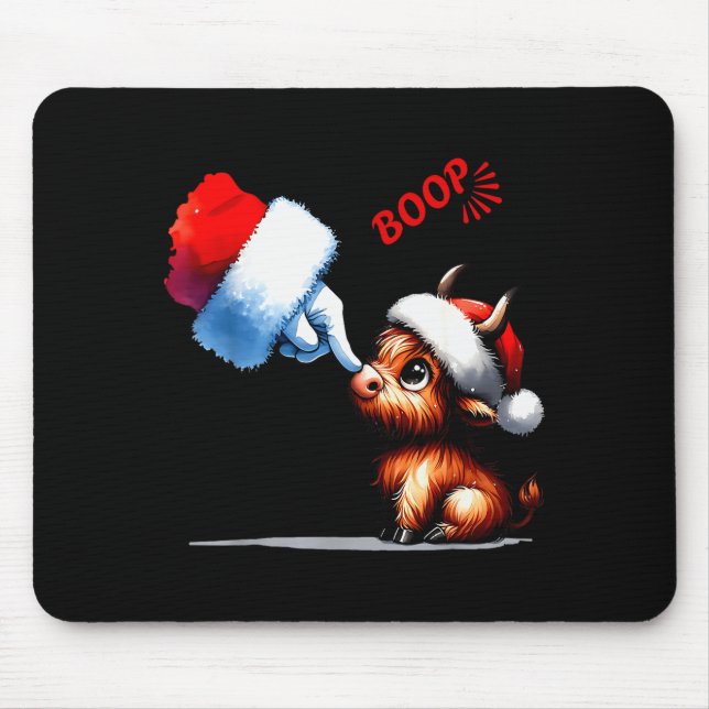 Hand Boop Christmas Highland Cow Santa Farmer Anim Mouse Pad (Front)