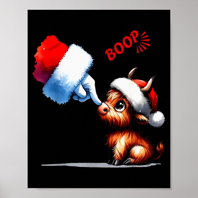 Hand Boop Christmas Highland Cow Santa Farmer Anim Poster (Front)