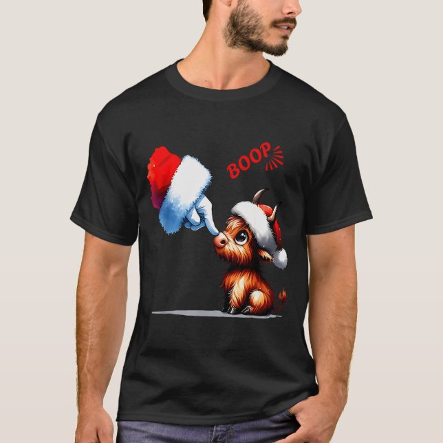 Hand Boop Christmas Highland Cow Santa Farmer Anim T-Shirt (Front)