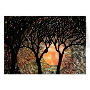 Hand Carved and Cross Hatched Trees on Orange