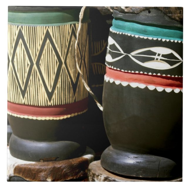 Hand carved drums, Livingston, Zambia Ceramic Tile (Front)