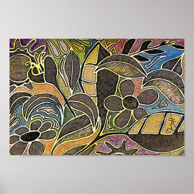 Hand Carved Leaves and Flowers - in Orange Blue Poster (Front)