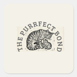 Hand-Carved Linocut Cat Mom & Kitten - Motherhood  Square Sticker