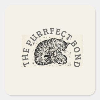 Hand-Carved Linocut Cat Mom & Kitten - Motherhood  Square Sticker