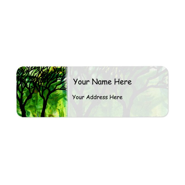 Hand Carved Trees on Green Marbling Return Address Label (Front)