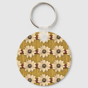 Hand Carved Wooden Daisies Key Ring