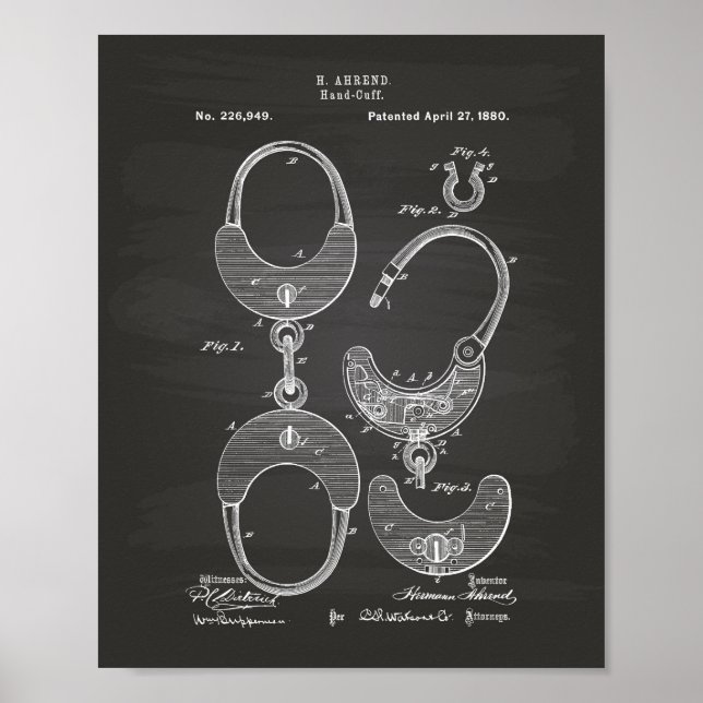Hand Cuff 1880 Patent Art - Chalkboard Poster (Front)