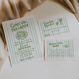 Hand Dawn Green Pizza Special Delivery Baby Shower Invitation
