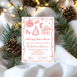 Hand Dawn Whimsical Red Funky Christmas Open House Invitation