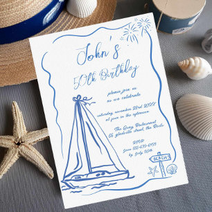 Hand Doodles Quirky Sailing Boat Male Birthday Invitation