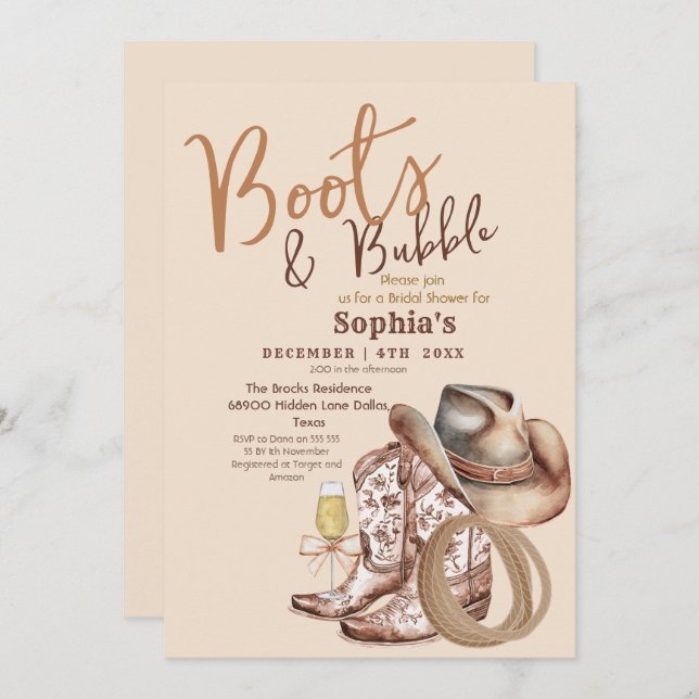 Hand Draw Boots and Bubbly Bridal Shower Invitation (Front/Back)