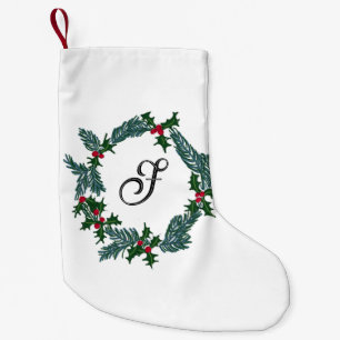 Hand-draw Christmas wreath, customisable initial Small Christmas Stocking