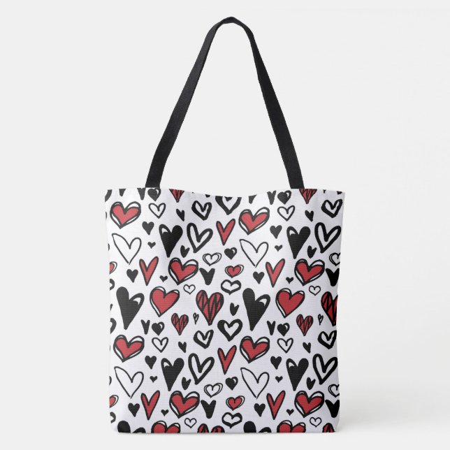 Hand Draw White,Black and Red Heart Shape  Tote Bag (Back)