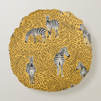 Hand draw Zebra Seamless Pattern With Line Backgro Round Cushion