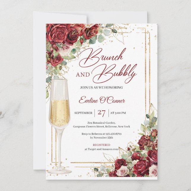 Hand drawing burgundy floral brunch and bubbly  invitation (Front)