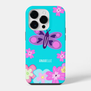 Hand Drawing Colourful Cartoon Flowers & Butterfly iPhone 14 Pro Case