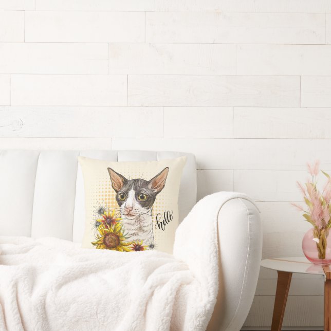 Hand drawing Cornish Rex cat with sunflowers Cushion (Couch)