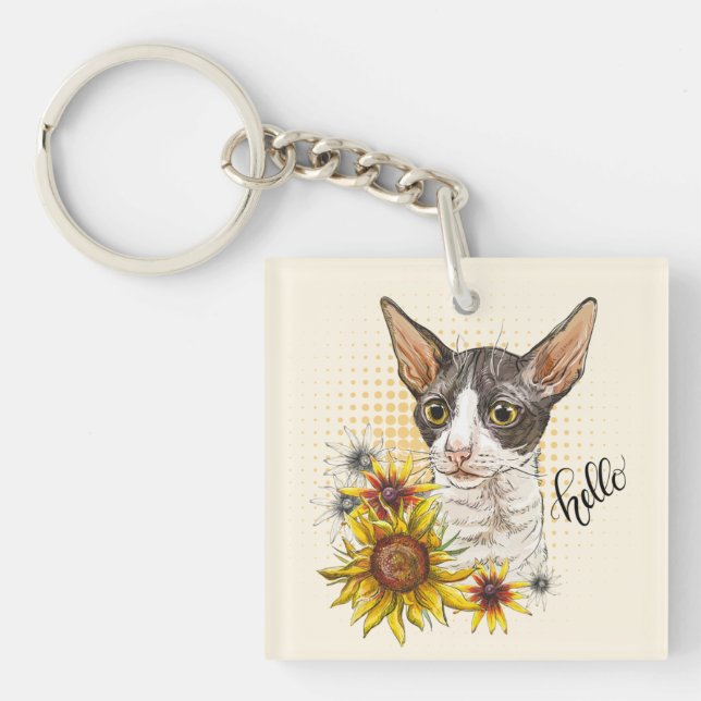 Hand drawing Cornish Rex cat with sunflowers Throw Key Ring (Front)