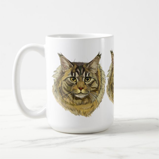 Hand drawing fluffy Maine Coon cat Coffee Mug (Left)