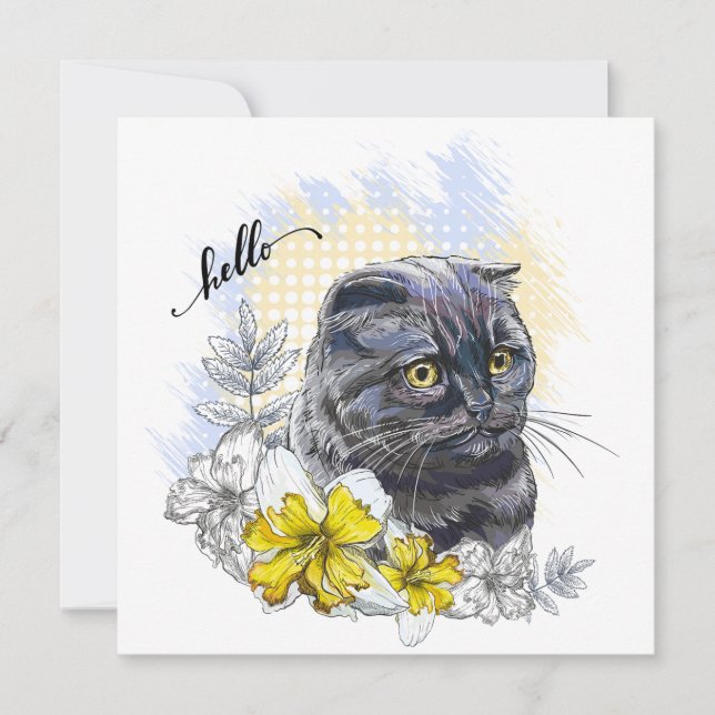 Hand drawing funny Black brittish cat with flowers (Front)