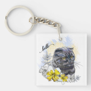 Hand drawing funny Black brittish cat with flowers Key Ring