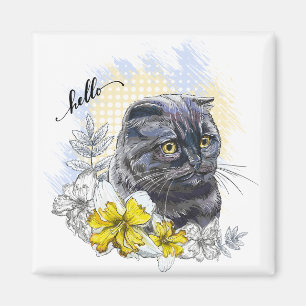 Hand drawing funny Black brittish cat with flowers Magnet