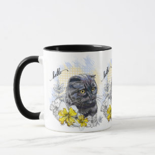 Hand drawing funny Black brittish cat with flowers Mug
