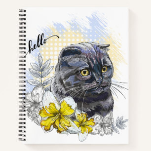 Hand drawing funny Black brittish cat with flowers Notebook
