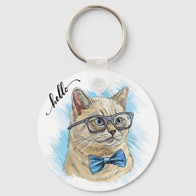 Hand drawing funny British cat in glasses Throw Pi Key Ring (Front)