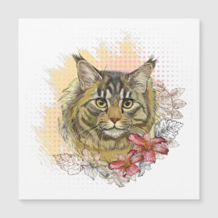Hand drawing funny cute Maine coon with flowers