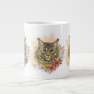Hand drawing funny cute Maine coon with flowers Large Coffee Mug
